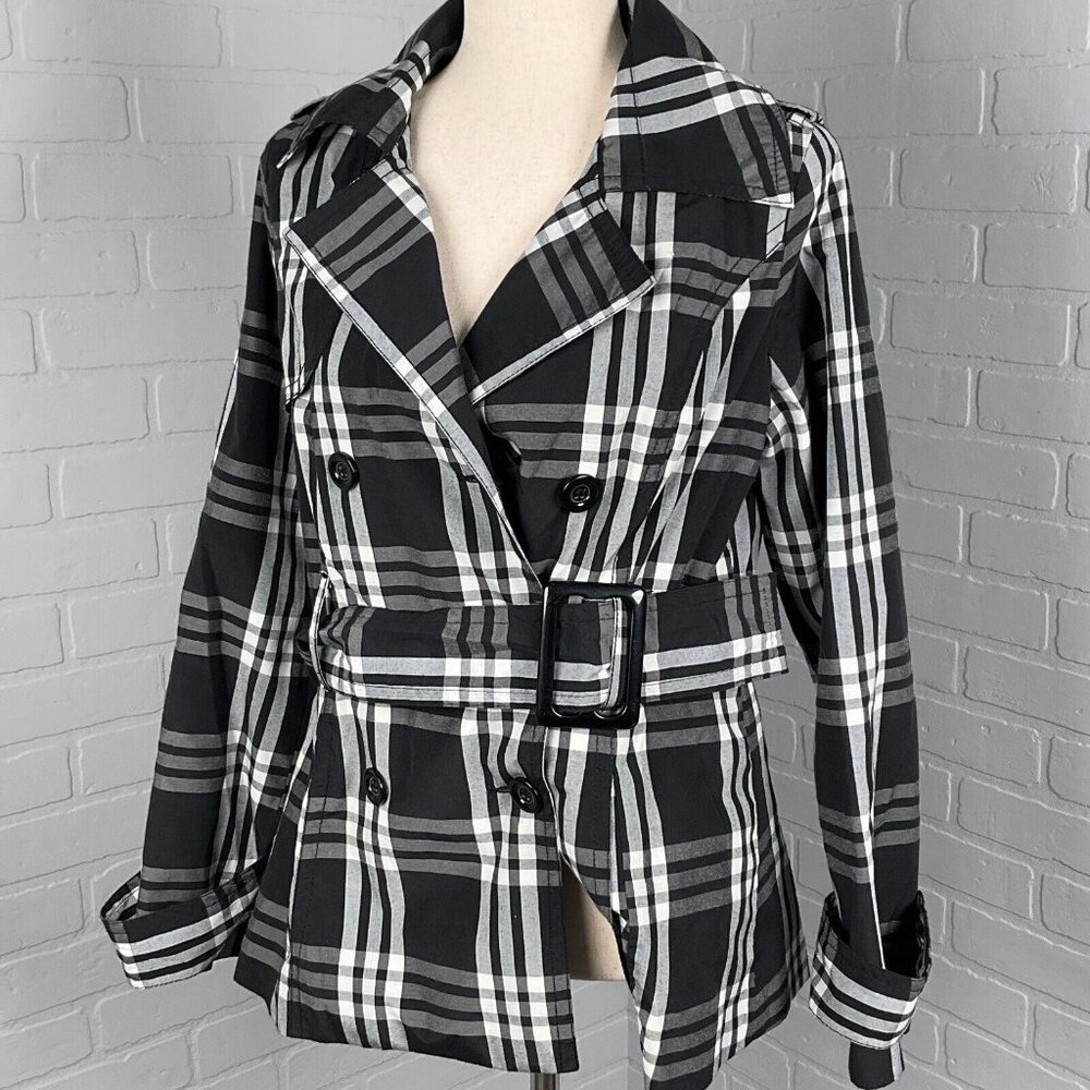JouJou‎ Jacket Women Small Black Gray White Plaid Trench Short Notch Belt Cotton